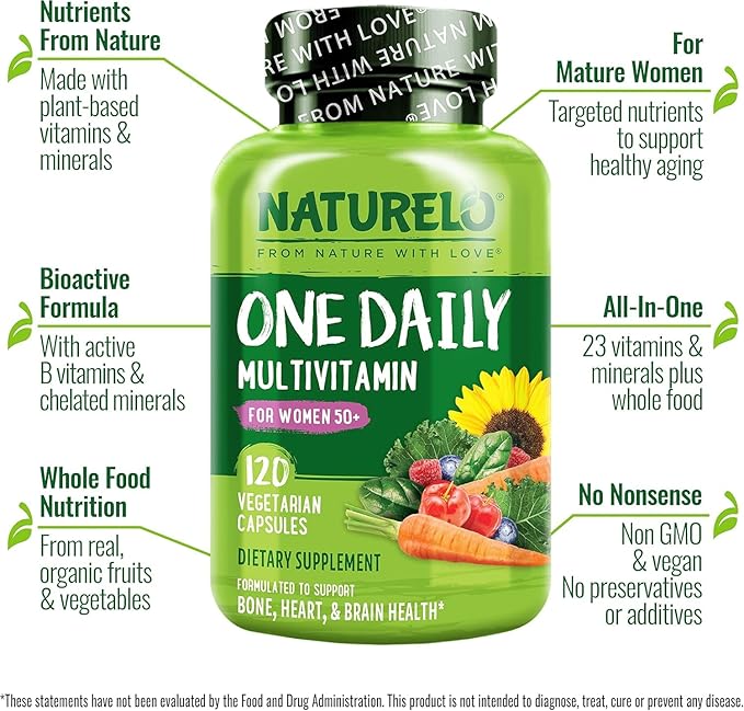 NATURELO One Daily Multivitamin for Women 50+ (Iron Free) - Menopause Support for Women Over 50 - Whole Food Supplement - Non-GMO - No Soy - 120 Capsules - 4 Month Supply-SeraviaPure