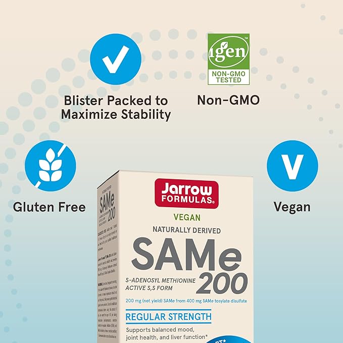Jarrow Formulas® SAMe 200 mg, Supports Joint Health, Liver Function, Brain Metabolism, 60 Tablets, Up To A 60 Day Supply-SeraviaPure