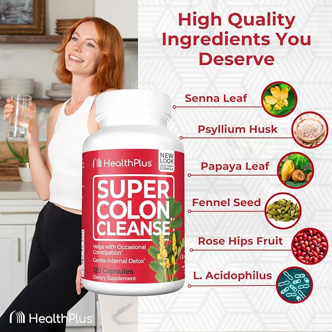Health Plus Super Colon Cleanse 10 Day Gentle Gut Cleanse Detox, Psyllium Husk, Probiotics for Constipation Relief & Digestive Support, 120 Capsules-SeraviaPure