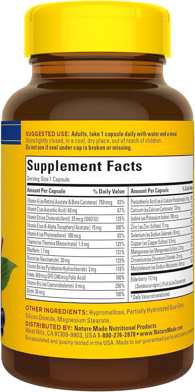Nature Made Multi + Elderberry Capsules, Multivitamin for Daily Immune Support, One Per Day Multivitamin, 60 Count-SeraviaPure