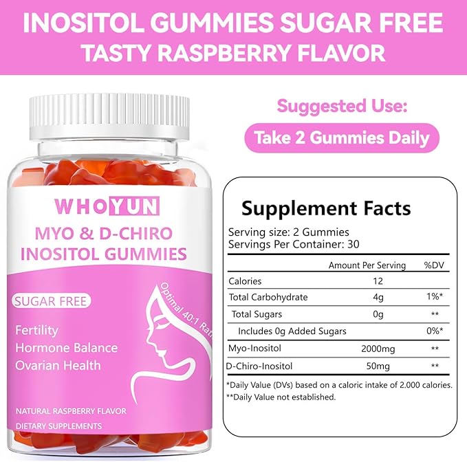 Inositol Gummies Sugar Free, Myo-Inositol & D-Chiro Inositol 40:1 Ratio Supplement for Women, Fertility, Hormone Balance, Ovarian Health, 60 Count-SeraviaPure