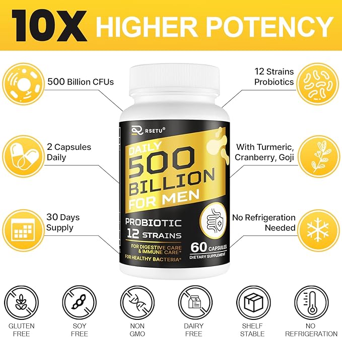 Probiotics for Men, 500 Billion CFU 12 Strains Mens Probiotic with Turmeric Cranberry & Goji, Gut Health for Men, Probiotics for Men Digestive Health, Bloating, Immune & Overall Health, 60-Day Supply-SeraviaPure