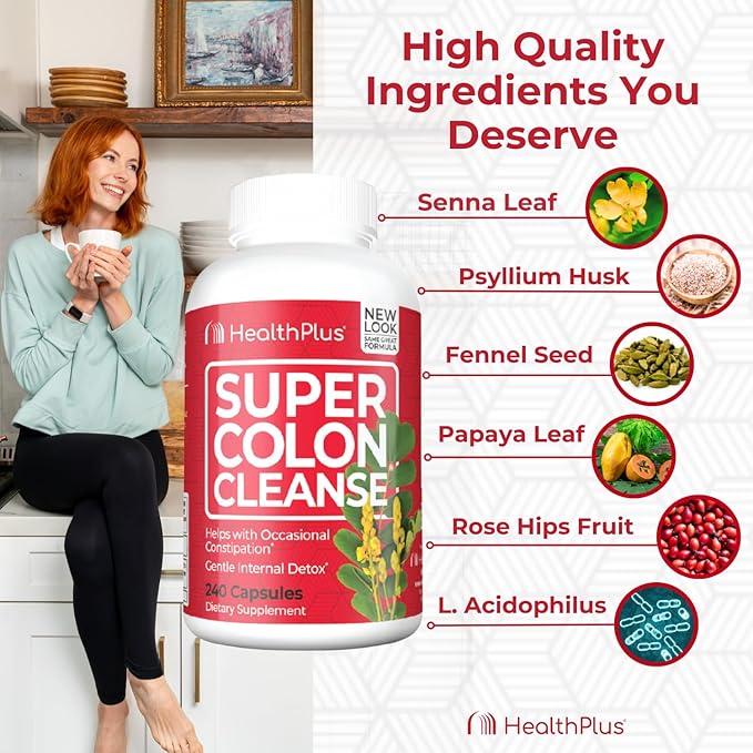 Health Plus Super Colon Cleanse 10 Day Gentle Gut Cleanse Detox, Psyllium Husk, Probiotics for Constipation Relief & Digestive Support, 240 Capsules-SeraviaPure