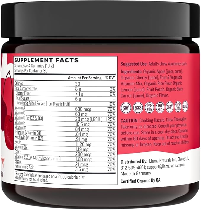 Llama Naturals Real Fruit Gummy Vitamins for Adults | No Added Sugar Cane | Whole Food Multivitamin Gummies | Women + Men | Vegan, Organic, Chewable | 120 ct, 30 Day Supply | Cherry-SeraviaPure