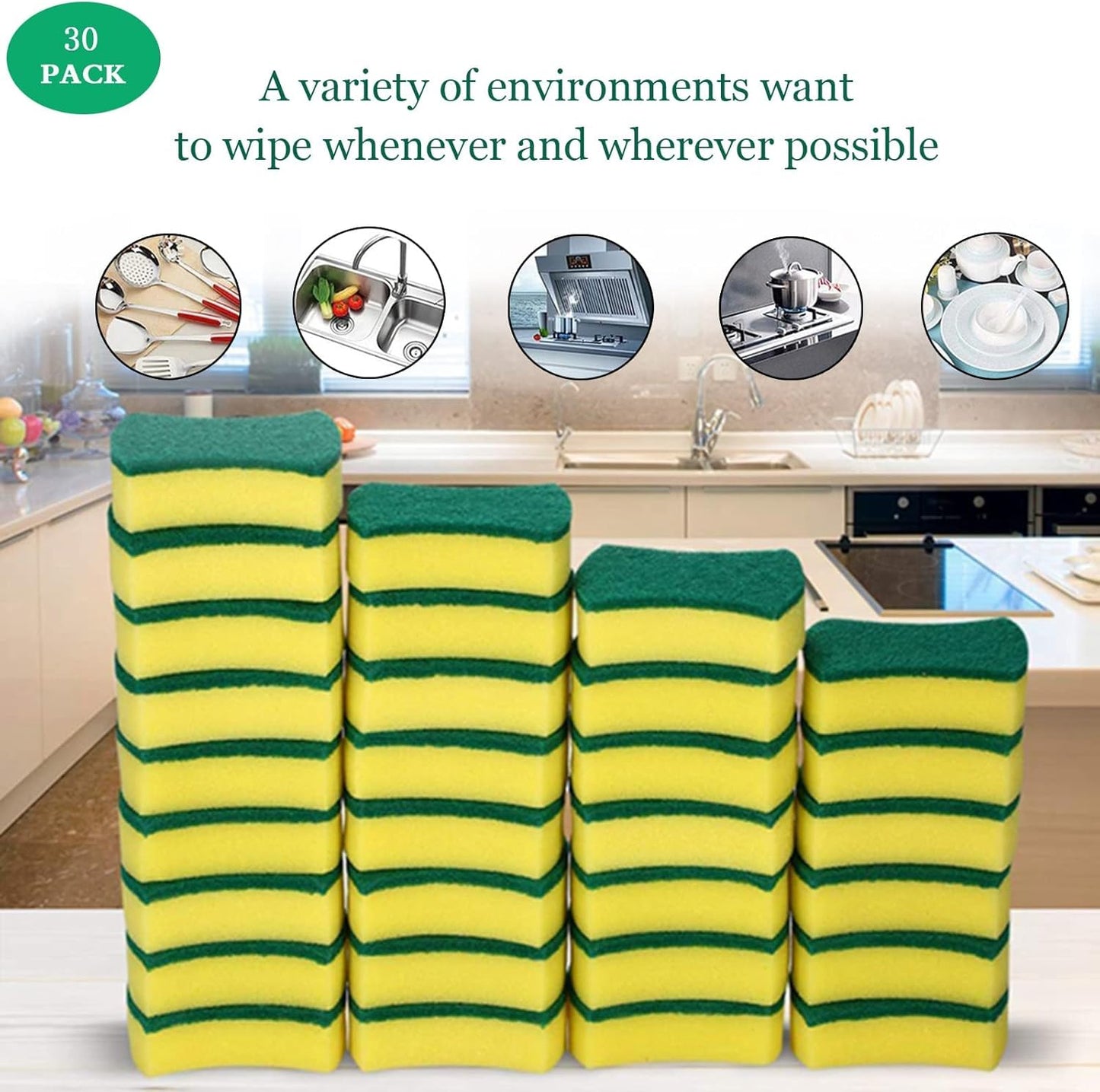 (Pack of 30) Kitchen Sponges Pack,Scrub Daddy sponges,Dish Sponge,Double Face Non-Scratch Scrub Sponge,Super Absorbent Multi-Use Cleaning Sponge,Widely Used in Kitchen, Bathroom, Outdoor