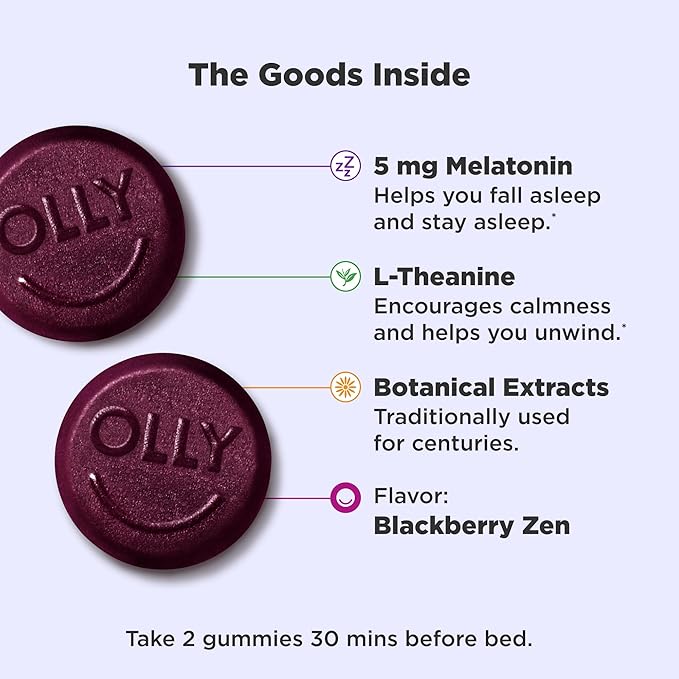 OLLY Extra Strength Sleep Gummy, 5 mg Melatonin, L-Theanine, Chamomile, Lemon Balm, Sleep Aid, BlackBerry - 50 Count-SeraviaPure
