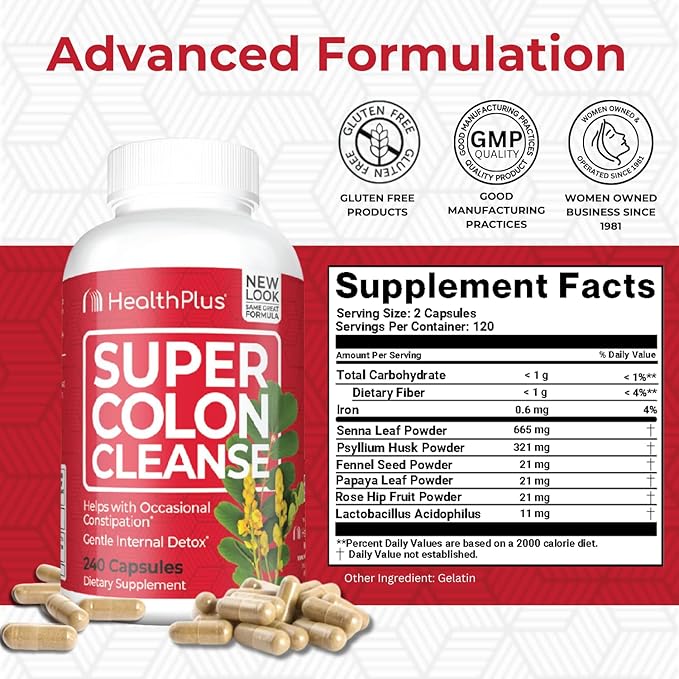 Health Plus Super Colon Cleanse 10 Day Gentle Gut Cleanse Detox, Psyllium Husk, Probiotics for Constipation Relief & Digestive Support, 240 Capsules-SeraviaPure