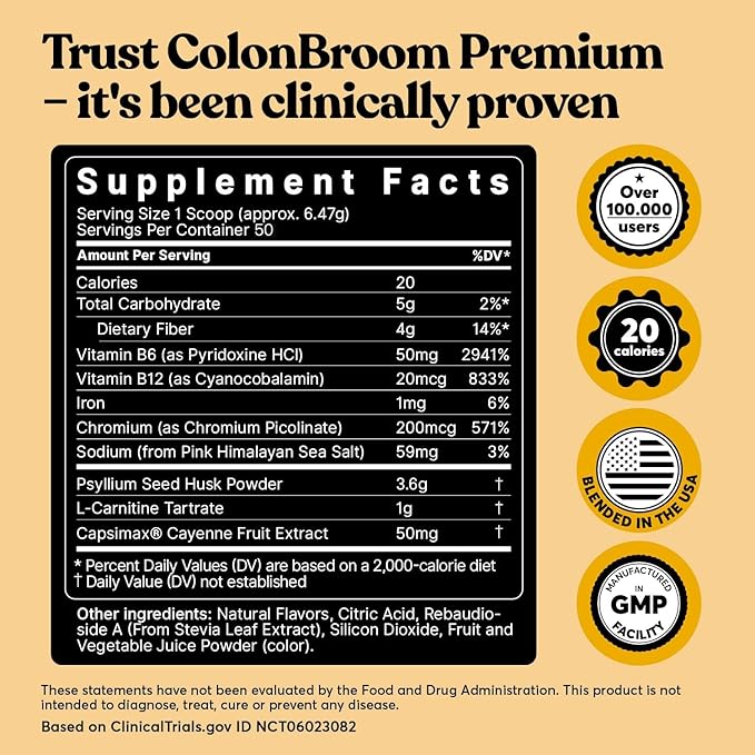 ColonBroom Premium Weight Management Supplement (Strawberry) - Colon Broom Psyllium Husk Fiber Powder Drink - Gluten Free, Non-GMO Colon Cleanse for Bloating Relief & Gut Health, 100 Servings-SeraviaPure
