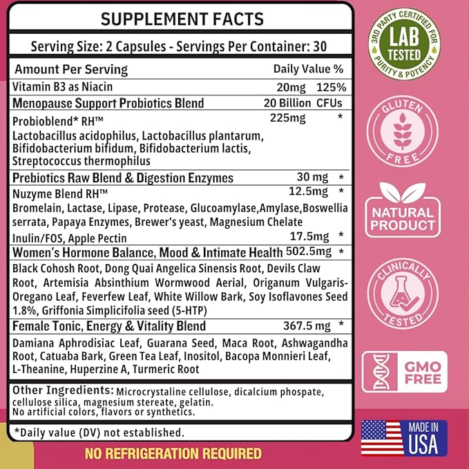 Lovely Menopause Supplement + Hormone Balance + Weight Management, Hot Flashes, Mood Swings, Vaginal Health & Dryness | Black Cohosh, Dong Quai, Ashwagandha + Probiotics, Woman Supplement, 60 ct-SeraviaPure