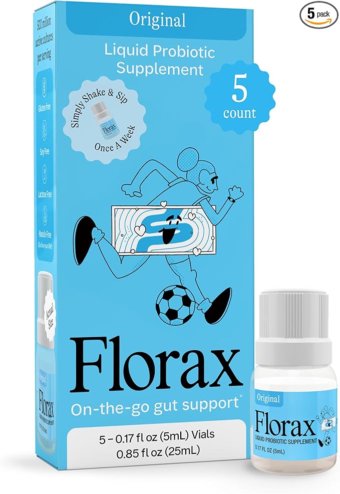 Florax - Liquid Probiotic - On-The-go Gut Support for Women, Men, and Children - Vegan, Gluten Free, Lactose Free, Soy Free and Preservative Free - Original Flavor - 5 Vials