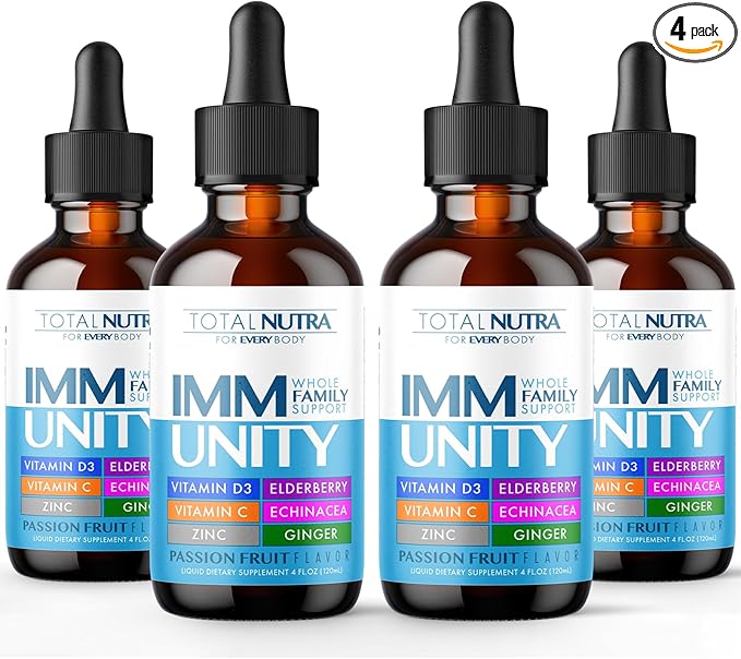 6-in-1 Liquid Multivitamin Supplement | 100% Daily Zinc, Vitamin D3 and Vitamin C Immunity Drops | Elderberry, Echinacea & Ginger Defense Support for Adults & Kids (Passion Fruit, 4oz-4pk)-SeraviaPure