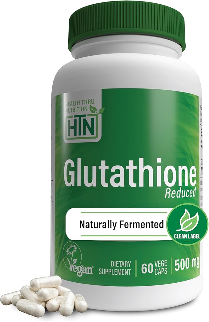 Health Thru Nutrition Glutathione Reduced 500mg Vegecaps | Vegan Certified | Fermented | Non GMO and Hypoallergenic | Master Antioxidant | Healthy Skin and Cellular Aging Support (Pack of 60)