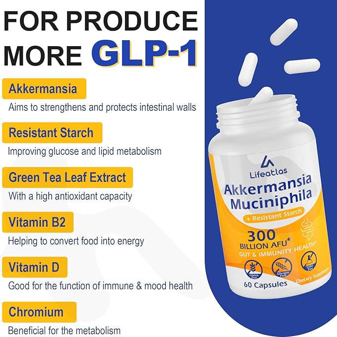 GLP-1 Supplement, 300 Billion AFU Akkermansia Probiotic - Live Akkermansia for GLP-1, Akkermansia Muciniphila for Women & Men, Enhances Gut Digestive Lining Function, Digestive, Gut, Immune, 120 Caps-SeraviaPure