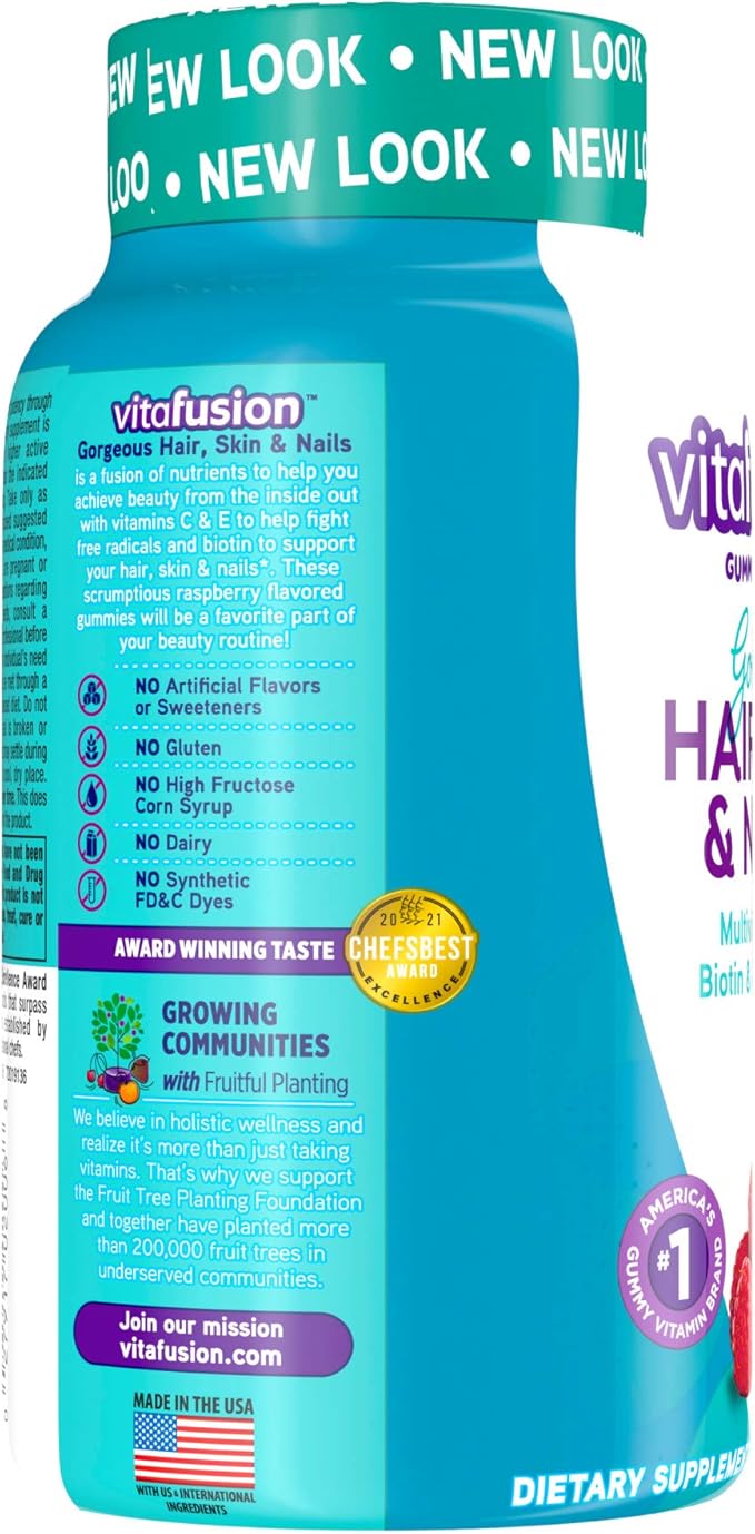 Vitafusion Gorgeous Hair, Skin & Nails Multivitamin plus Biotin and Antioxidant vitamins C&E, Raspberry Flavor, 135ct (45 day supply), from America’s Number One Gummy Vitamin Brand-SeraviaPure