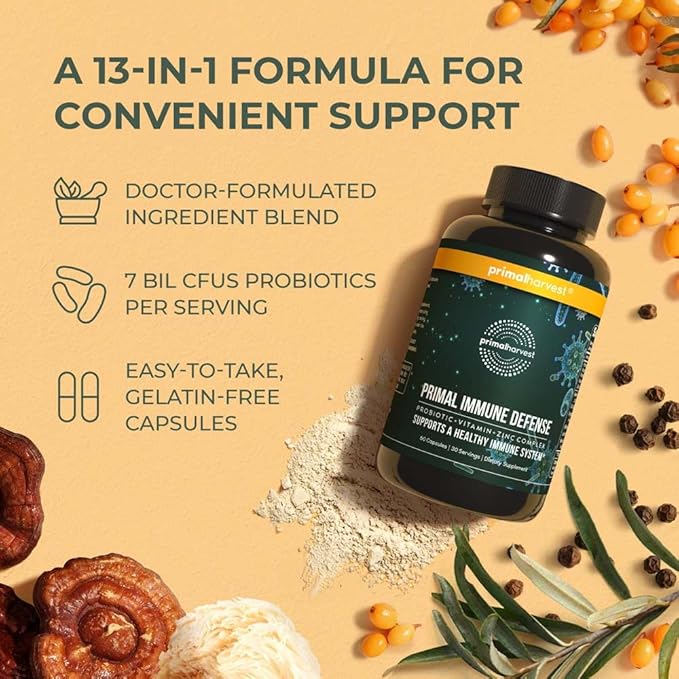Primal Harvest Primal Immune Defense 10-in-1 Immune Defense Supplement: with 7 Billion CFU Probiotics, Zinc, Vitamins C, B6, D3, K2 - Immune Boosters for Adults 60 Capsules (1 Pack)-SeraviaPure