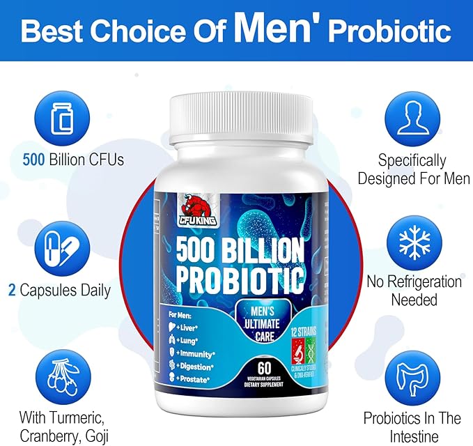 Probiotics for Men, 500 Billion CFU & 12 Strains Mens Probiotic, Men Probiotics with Turmeric, Cranberry, Goji, Gut Health for Men, Probiotics for Men Digestive Health, Immune Bloating, 120-Day Supply-SeraviaPure