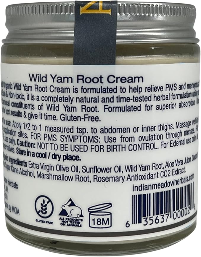 Indian Meadow Herbals Wild Yam Root Cream (4oz) - Organic Balancing Cream for PMS & Menopause Relief - Estrogen & Progesterone-Free. USDA Certified Organic. Made in USA. Since 1994.