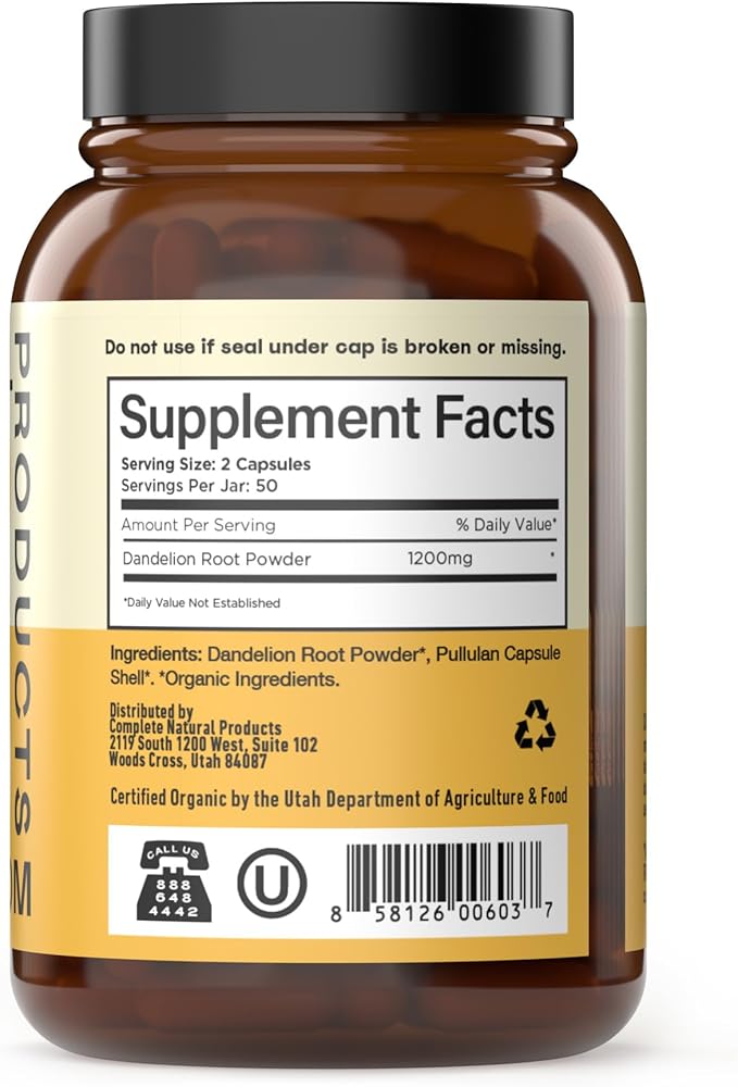 Complete Natural Products Pure Organic Dandelion Root Capsules - 530mg Capsules 100 Pills Dried Dandelion Root Herbal Supplement