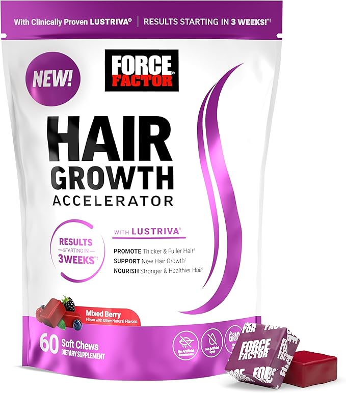 Force Factor Hair Growth Accelerator Soft Chews, Hair Growth Vitamins for Women and Men with Clinically Studied Lustriva and Biotin, Promotes Thicker, Fuller, Stronger Hair, Mixed Berry, 60 Soft Chews