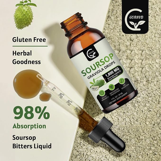 (2 Pack) Soursop Graviola Liquid Drops 1800mg, 98% Absorption Soursop Bitters Liquid for Cell Support & Regeneration, Immune Boost, Relax, Liver and Sleep, Herbal Goodness, Gluten Free, 1 Fl Oz-SeraviaPure