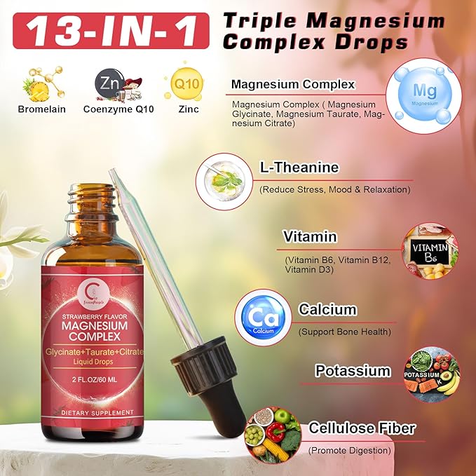 (2 Pack) Magnesium Glycinate Liquid Drops with Citrate & Taurate,Triple Magnesium Complex Supplement with Calcium, Potassium for Energy, Sleep, Muscle, Immune, Sugar Free, Strawberry Flavor, 4 Fl OZ