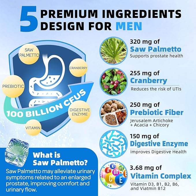 ZEBORA Probiotics for Men 100 Billion CFU - Probiotics for Digestive Health, Men's Probiotics Supplement, Prebiotics & Enzymes, for Prostate Health with Saw Palmetto | 90 Veg Capsules-SeraviaPure