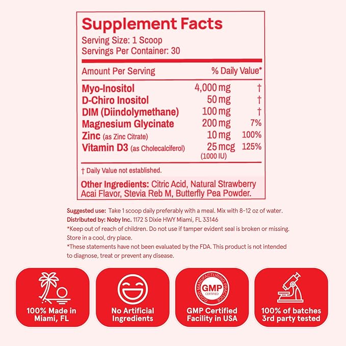 Inositol Powder Multivitamin, Strawberry Acai Flavor – 4g Myo & D-Chiro Inositol, DIM, Zinc, Magnesium Glycinate, Vitamin D3 – Supports Women’s Health, Cycle, Energy, 30 SVG-SeraviaPure