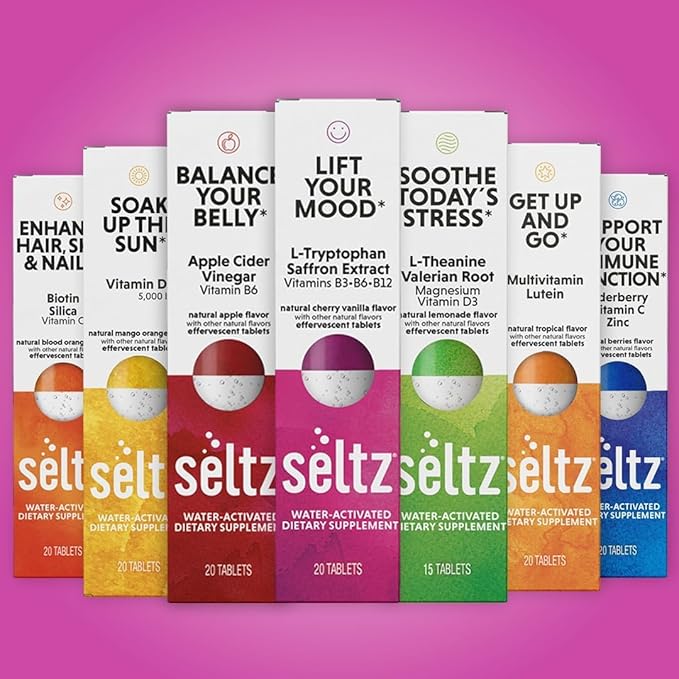 Seltz® Water-Activated Vitamins - Lift Your Mood with L-Tryptophan, Saffron Extract and Vitamins B3 B6 B12 – Natural Cherry Vanilla Flavor Dietary Supplement - 6 Packs x 20 Effervescent Tablets Each