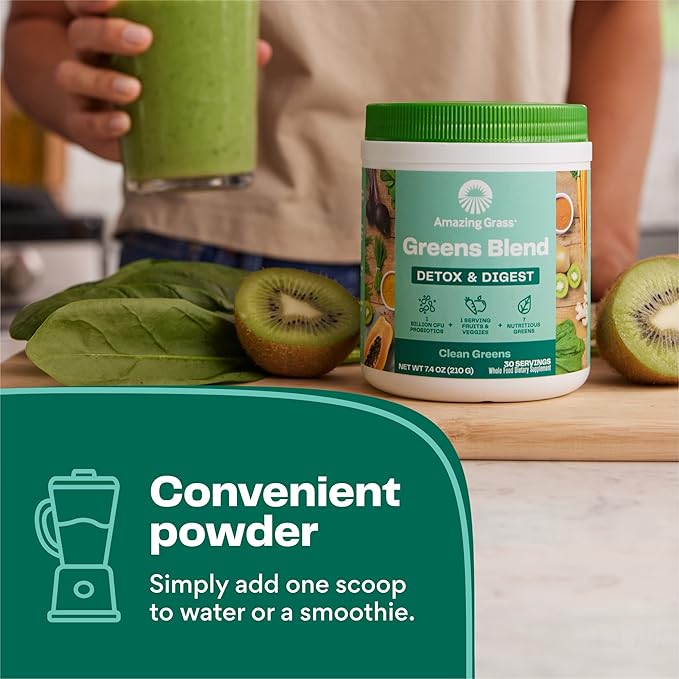 Amazing Grass Greens Superfood Detox & Digest: Greens Powder with Digestive Enzymes & Probiotics, Clean Green, 30 Servings (Packaging May Vary)-SeraviaPure