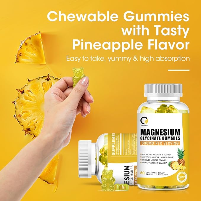 (2 Pack) Magnesium Glycinate Gummies 500mg, High-Absorption Magnesium Supplement with Calcium & Vitamins, Support Bone, Muscle, Night, Memory & Mood, Vegan, Non-GMO, 60 Counts, Pineapple Flavor