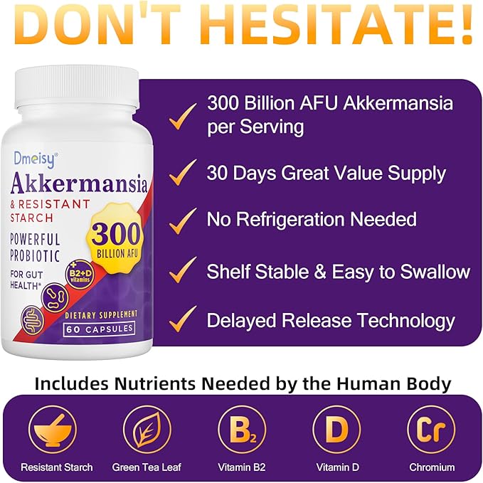 GLP-1 Supplement - 300 Billion AFU Akkermansia Muciniphila, Akkermansia Probiotic for Women & Men, for Boost GLP-1, Digestive, Gut, Immunity, Enhances Gut Lining Function & Intestinal Walls, 60 Count-SeraviaPure
