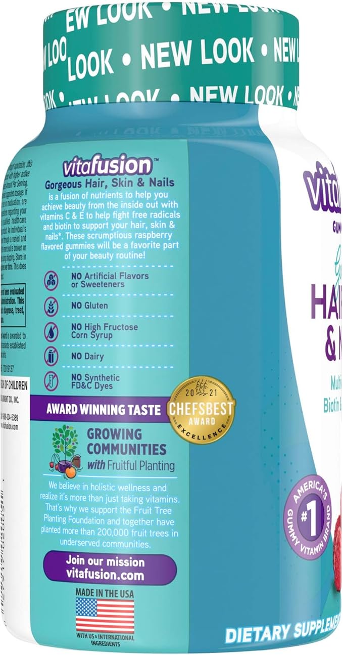Vitafusion Gorgeous Hair, Skin Nails Multivitamin Gummy Vitamins, plus Biotin and Antioxidant vitamins CE, Raspberry Flavor, 100ct (33 day supply), from America’s Number One Gummy Vitamin Brand-SeraviaPure