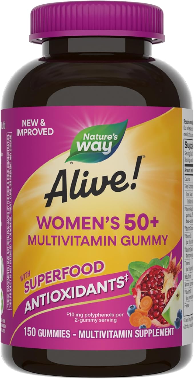 Nature's Way Alive! Women’s 50+ Daily Gummy Multivitamins, Supports Multiple Body Systems*, Supports Healthy Heart, Brain & Bones,* B-Vitamins, Mixed Berry Flavored, 150 Gummies(Packaging May Vary)-SeraviaPure
