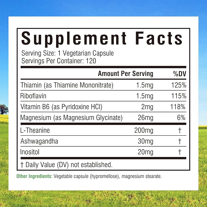 Innate Vitality L-Theanine Supplement 200 mg, Ashwagandha, Magnesium Glycinate, Inositol, Vitamin B6, Non-GMO, Hormone Harmony, Relaxation, Mental Performance and Energy Support, 120 Capsules