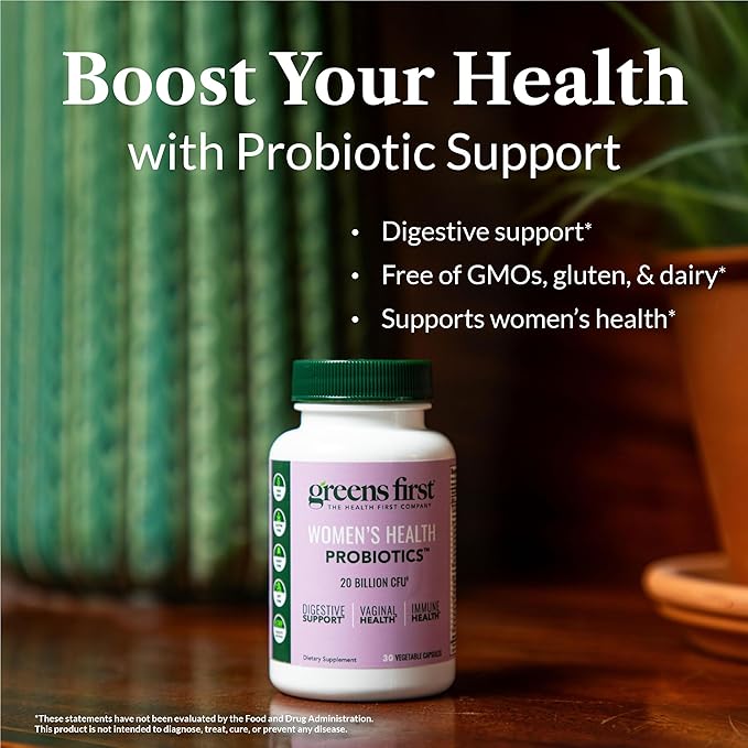 Greens First Women’s Health Probiotics - Probiotic for pH Balance - 20 Billion CFU - Support for Digestive, Immune & Vaginal Health Non-GMO/Gluten-Free/Dairy-Free/Soy-Free (30 Vegetable Capsules)