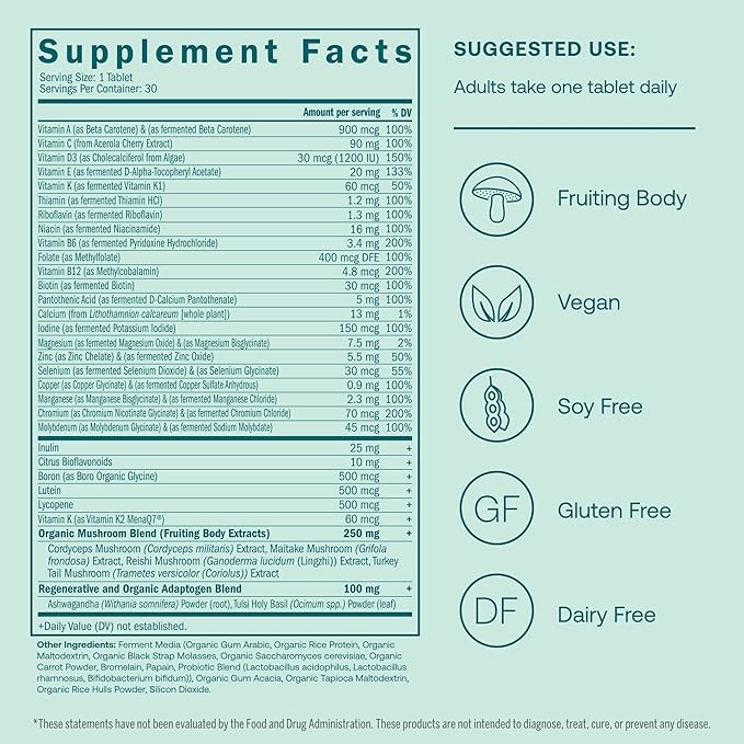 True Grace One Daily Men’s Multivitamin Fermented Minerals, Organic Adaptogens & Mushrooms Whole Body Balance Immune, Endurance, Bone & Heart Support - Non-GMO, Gluten Free - 30 Vegan Tablets-SeraviaPure