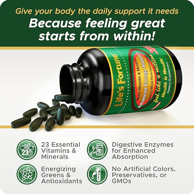 Life's Fortune Multivitamin All Natural Energy Source Supplying Whole Food Concentrates, Antioxidants, Amino Acids, Enzymes, Trace Minerals & More (90 Count (Pack of 1))-SeraviaPure