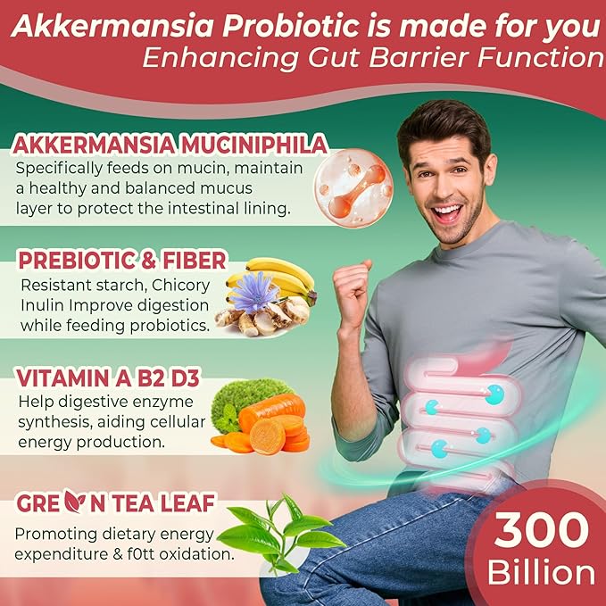 Akkermansia Probiotics Gummies with Prebiotics Fiber, 300 Billion AFU Akkermansia Muciniphila, with Polyphenol Fruits, Resistant Starch, Vitamin A D3 B2 for Metabolism, Digestive & Gut Health, 1Pack-SeraviaPure