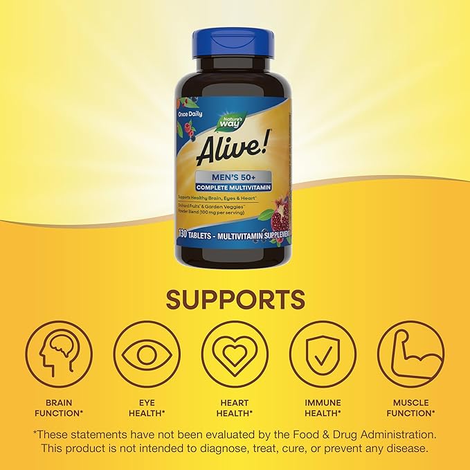 Nature’s Way Alive! Men’s 50+ Complete Multivitamin, Supports Multiple Body Systems*, Supports Cellular Energy*, High Potency B-Vitamins, Gluten-Free, 130 Tablets-SeraviaPure