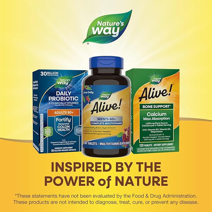 Nature’s Way Alive! Men’s 50+ Complete Multivitamin, Supports Multiple Body Systems*, Supports Cellular Energy*, High Potency B-Vitamins, Gluten-Free, 130 Tablets-SeraviaPure