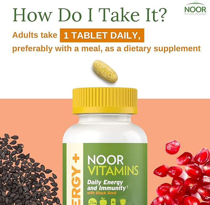 Noor Vitamins Energy+ Multivitamin; Halal Vitamin for Energy Production & Immunity, 26 Vitamins & Minerals, Black Seed, Dates, Honey, for Men & Women. Gelatin Free, 2 Month Supply-SeraviaPure