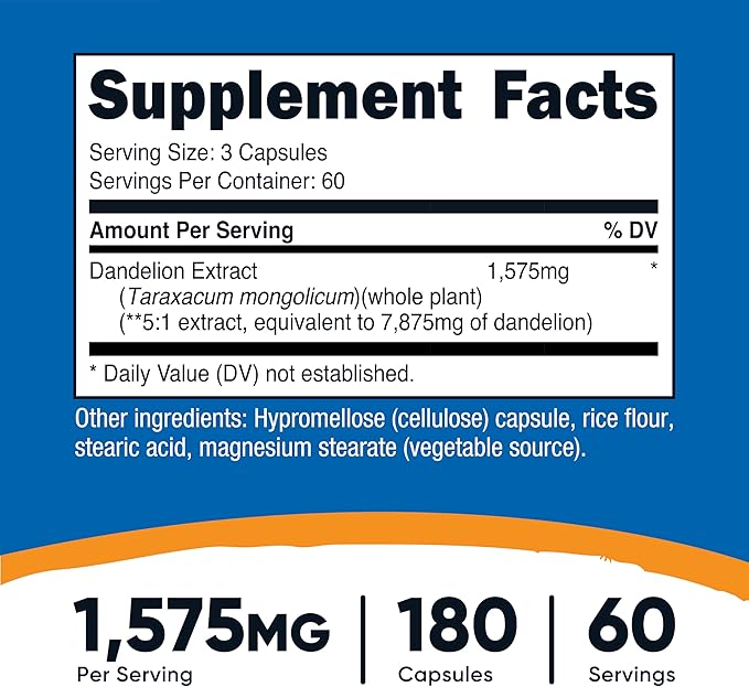 Nutricost Dandelion Extract Capsules 1575mg Per Serving (180 Caps, 60 Servings) - 525mg Per Capsule (5:1 Extract, Equivalent to 7,875mg), Non-GMO, Gluten Free