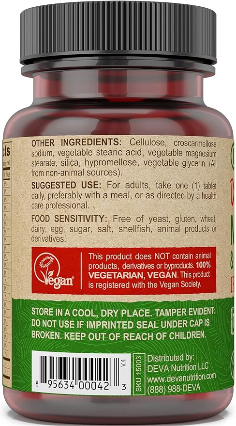 DEVA Tiny Tablets Vegan Multivitamins for Women & Men, Multivitamin Iron Free, Mineral Supplement, Vitamin C, Vitamin B Complex, Vitamin B12, Vitamin E, Zinc, Gluten Free, 90 Tablets-SeraviaPure