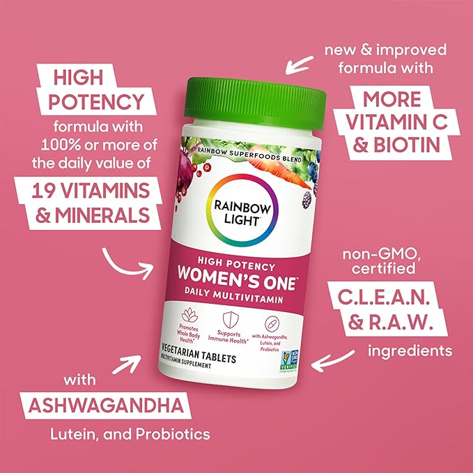 Rainbow Light Womens One High-Potency Daily Multivitamin, Womens Multivitamin Provides High-Potency Immune Support, With Vitamin C, Biotin and Ashwagandha, Vegetarian, 30 Count-SeraviaPure