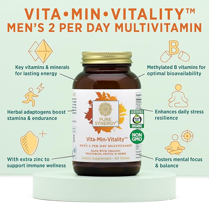 PURE SYNERGY Vita·Min·Vitality | Natural Multivitamin for Men | Men’s Daily Multivitamin Made with Organic Whole Foods | for Energy, Stress, and Immune Support (60 Tablets)-SeraviaPure