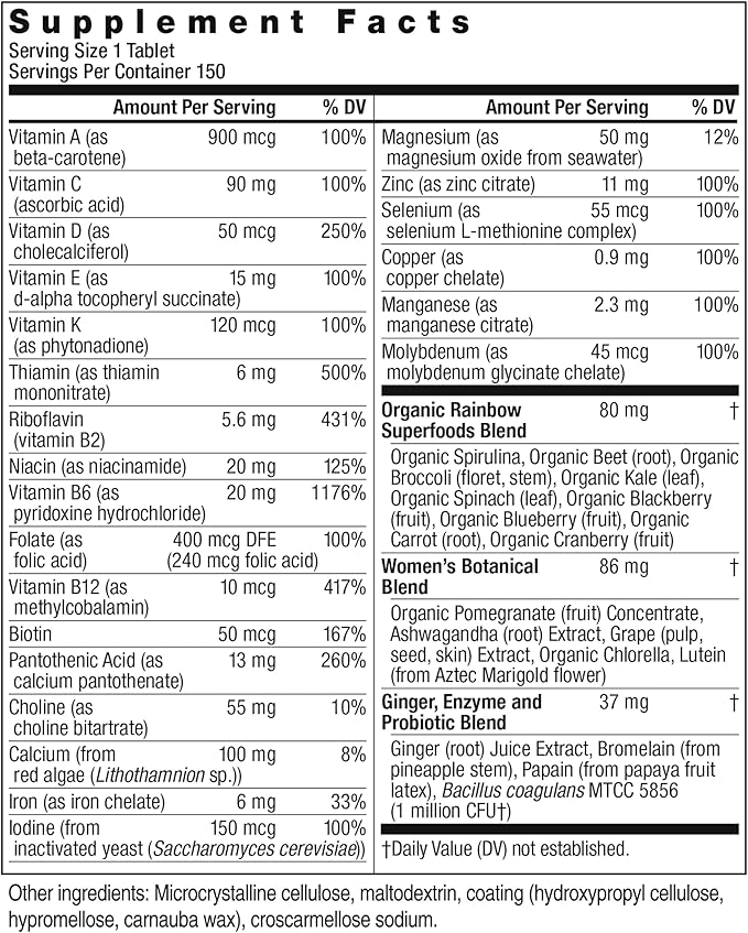 Rainbow Light Womens One High-Potency Daily Multivitamin, Womens Multivitamin Provides High-Potency Immune Support, With Vitamin C, Biotin and Ashwagandha, Vegetarian, 150 Count-SeraviaPure