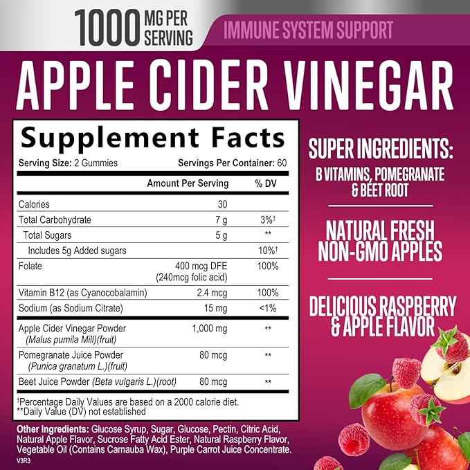Vegan Apple Cider Vinegar Gummies 1000mg for Detox & Cleanse, ACV Gummy Vitamin B12 for Digestion Metabolism & Immune Health Support, Natural Apple Raspberry Flavor, Gluten Free - 120 Gummies-SeraviaPure