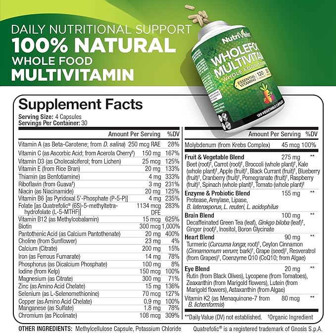 Nutrivein Whole Food Multivitamin - Complete Daily Vitamins for Men and Women from Natural Whole Foods, Real Raw Veggies, Fruits, Vitamin E, A, B Complex - 30 Day Supply (120 Capsules, Four Daily)-SeraviaPure
