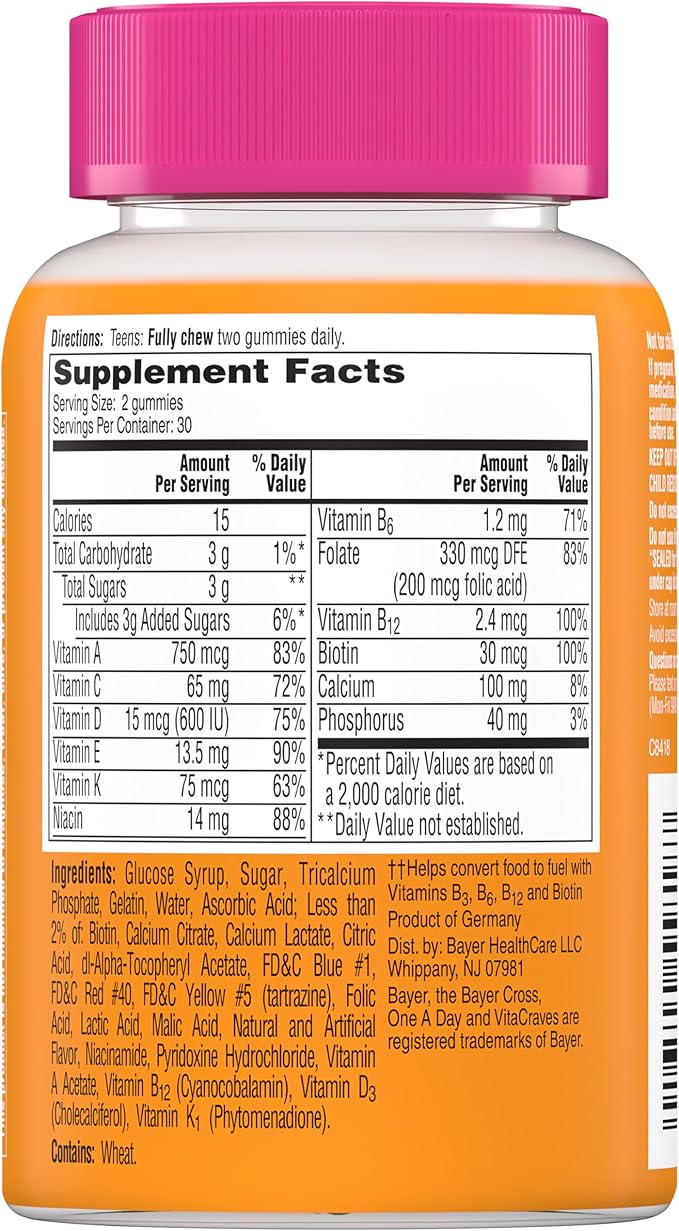 One A Day Teen for Her Multivitamin Gummies, Gummy Multivitamins with Vitamin A, C, D, E and Zinc for Immune Health Support, Physical Energy & more, 60 Count