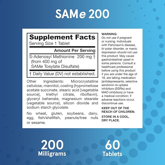Jarrow Formulas® SAMe 200 mg, Supports Joint Health, Liver Function, Brain Metabolism, 60 Tablets, Up To A 60 Day Supply-SeraviaPure